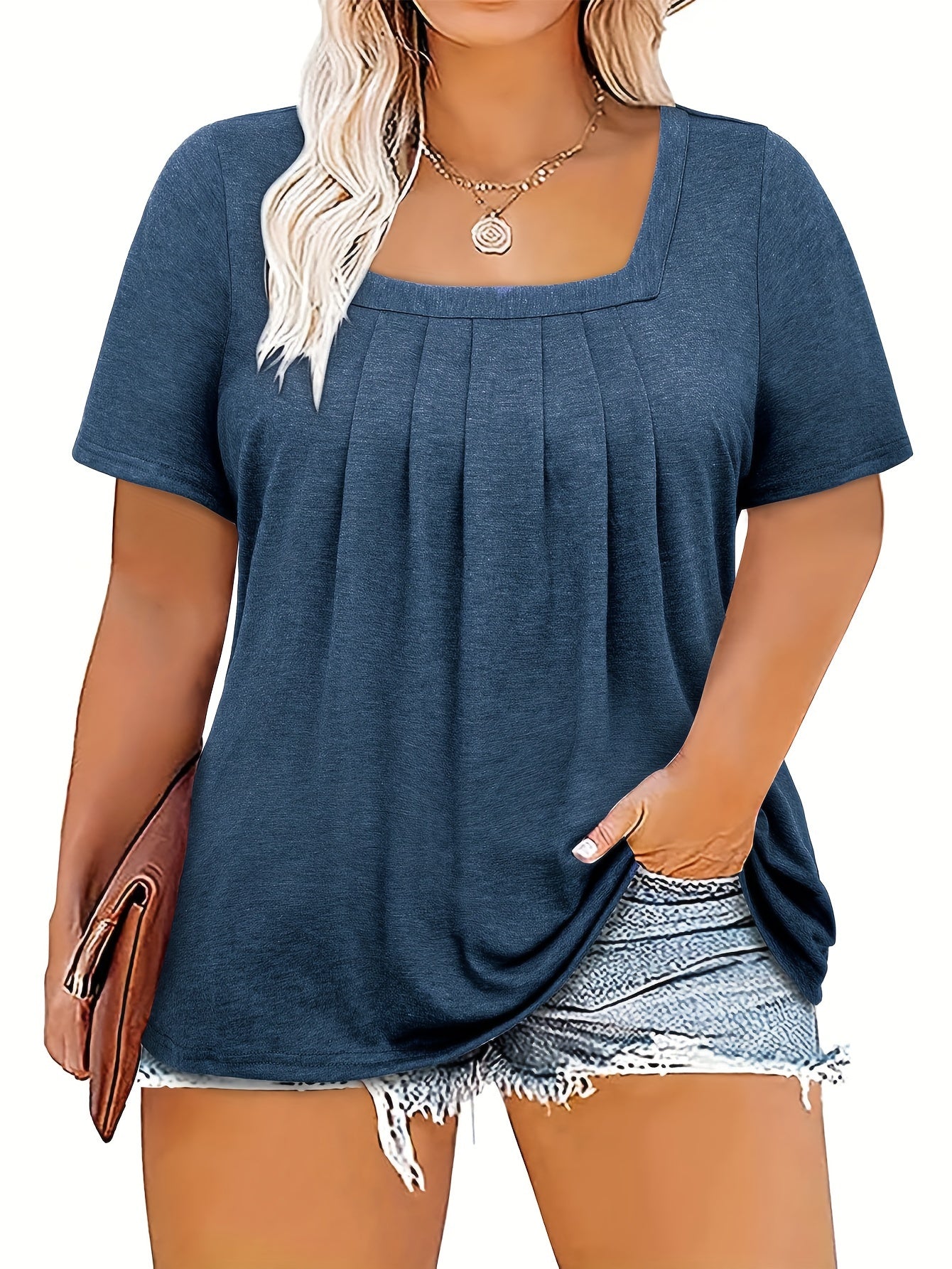 Plus Size Women's Pleated Short Sleeve Square Neck T-Shirt Spring Summer Casual Clothing