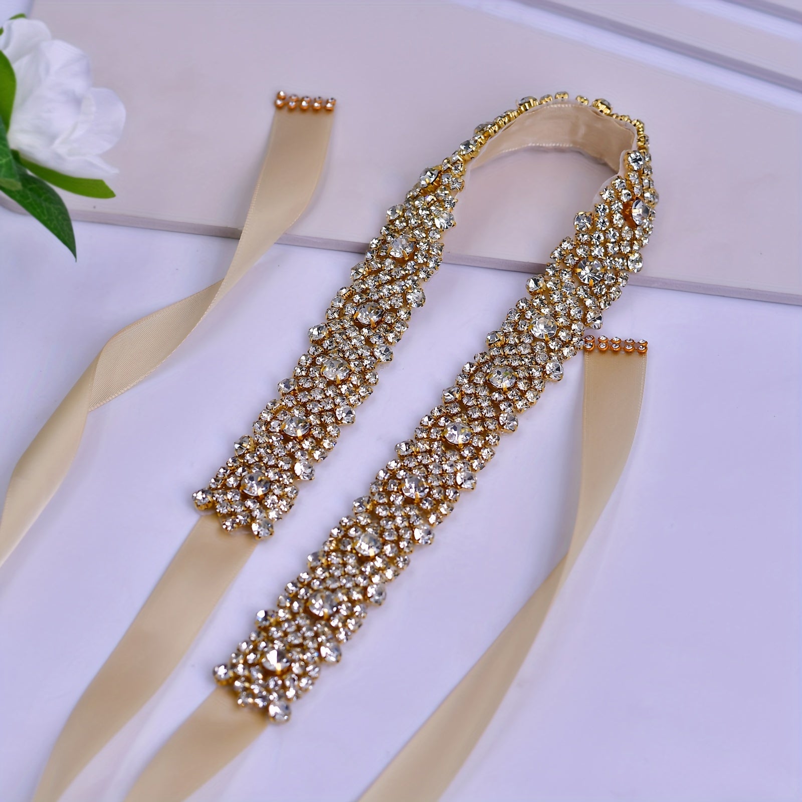 Golden Rhinestone Waistband for Bridal Wedding Dress or Ball Gown