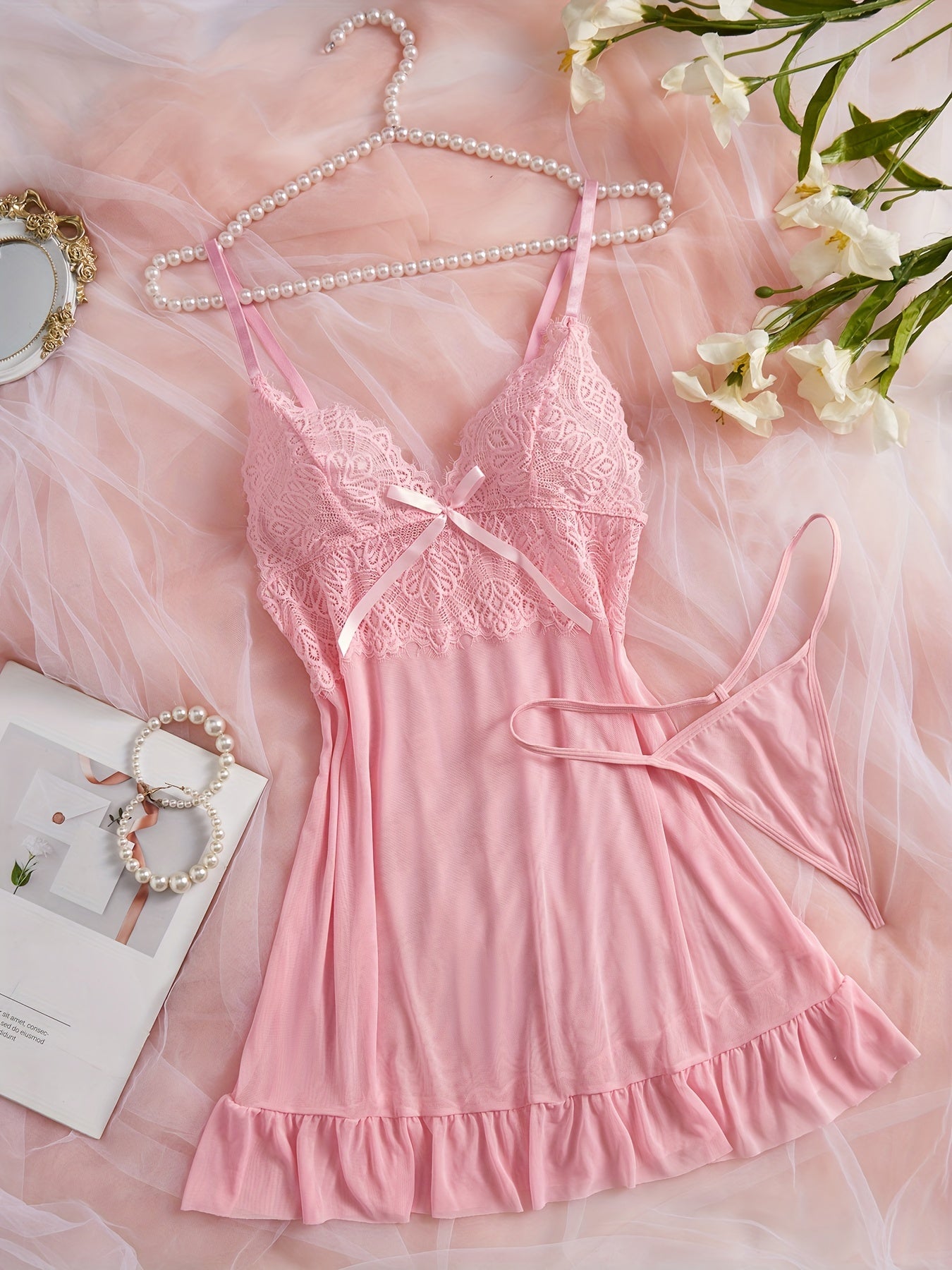 Women's Satin Pajama Set with V-Neck Lace Hem and Lace Strap Skirt