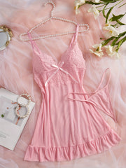 Women's Satin Pajama Set with V-Neck Lace Hem and Lace Strap Skirt