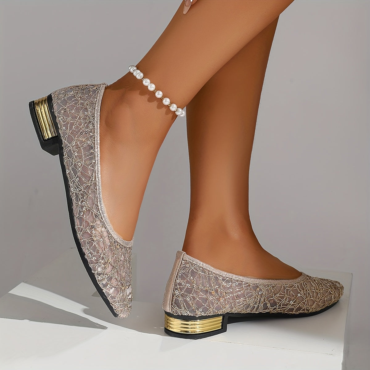 Women's Pointed Toe Ballet Flats Mesh Lace All-Season Slip-On Shoes