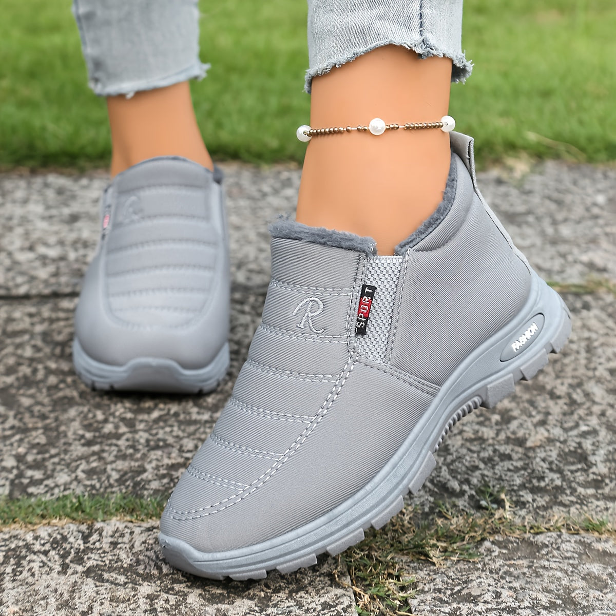 Women's Winter Ankle Boots Plush Fleece Lining Casual Slip-On Black