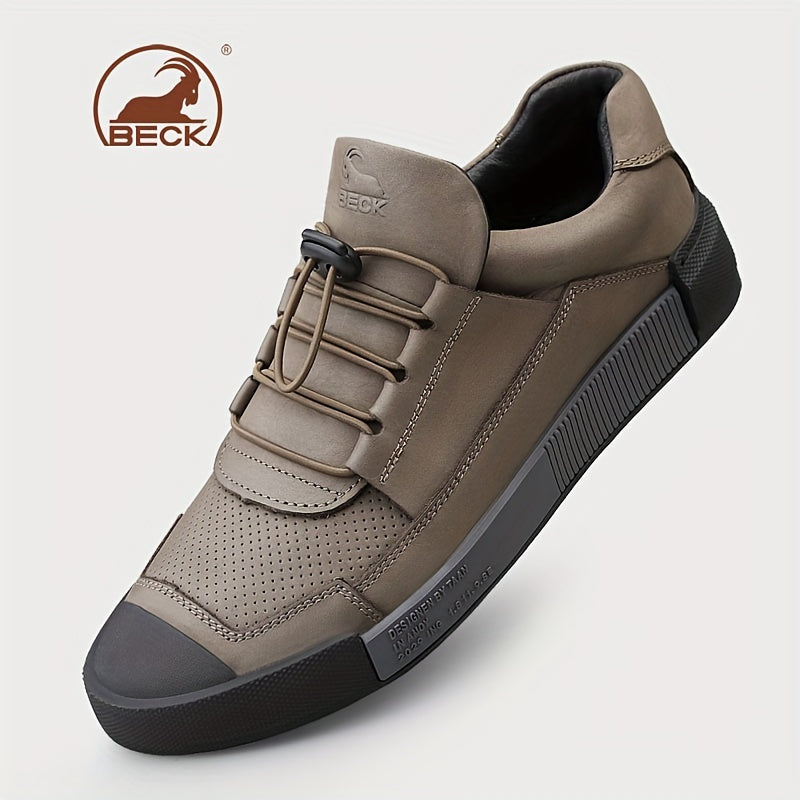 Men's Leather Sneakers with Striped Lace-Up Design, Rubber Sole, Breathable Fabric Inner