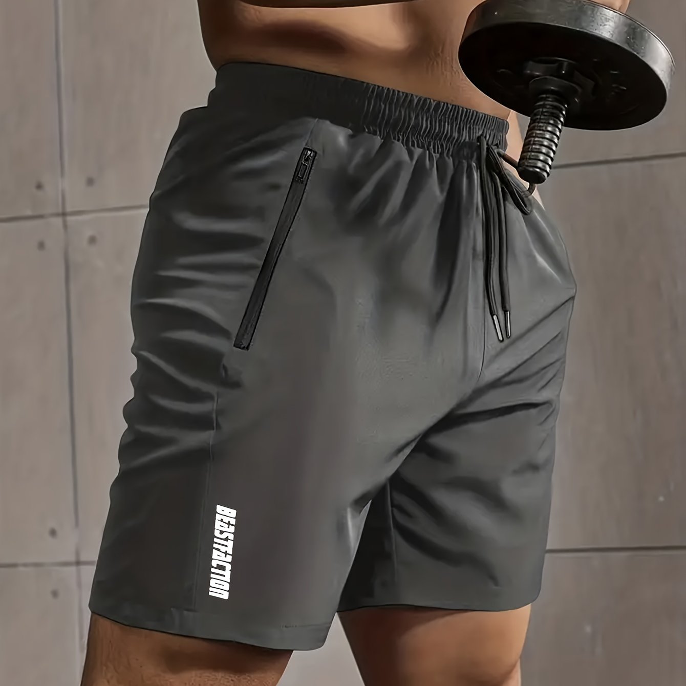 Men's Polyester Shorts with Zipper Pockets Elastic Waist Drawstring Summer Fitness