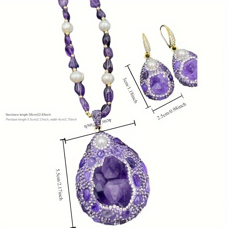 Conjunto de joyería de perla amatista con detalles de rhinestone, collar, pendientes y anillo, regalo