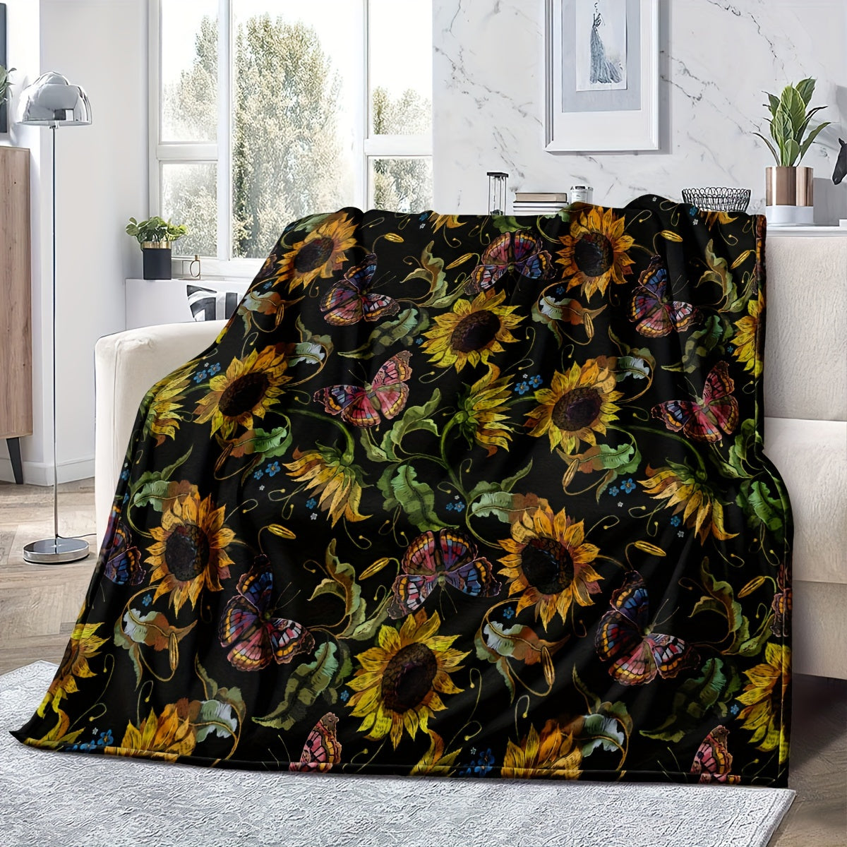Sunflower Fleece Throw Blanket All-Season Floral Pattern Soft Warm Multi-Use 250-300g