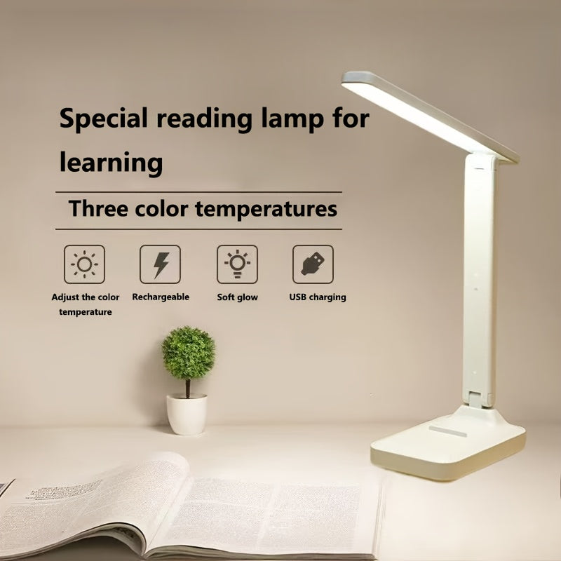 High-Brightness LED Desk Lamp with Touch Control, Adjustable Arm, Foldable, USB Rechargeable, 3-Color Temperatures