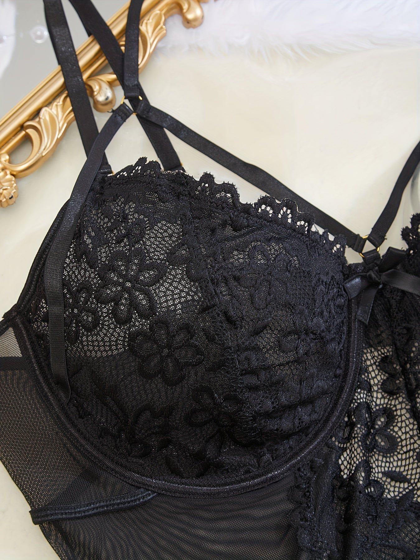 Women's Plus Size Floral Lace Lingerie Set with Gartered Thong and Babydoll