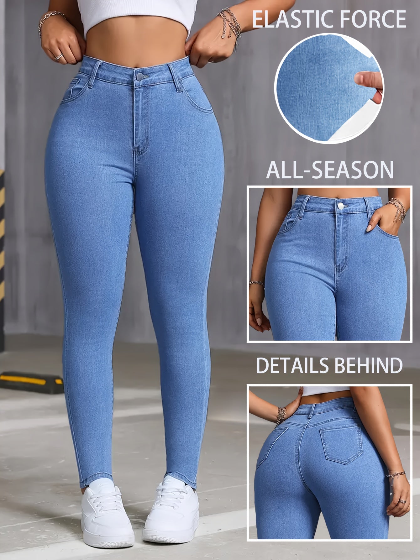 Jeans ajustados de talle alto para mujer de talla grande en mezclilla elástica negra