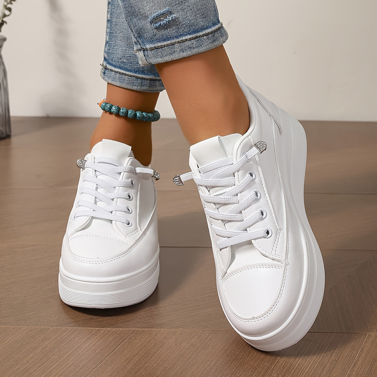 Women's White Platform Sneakers with Rubber Sole and Sequin Detail