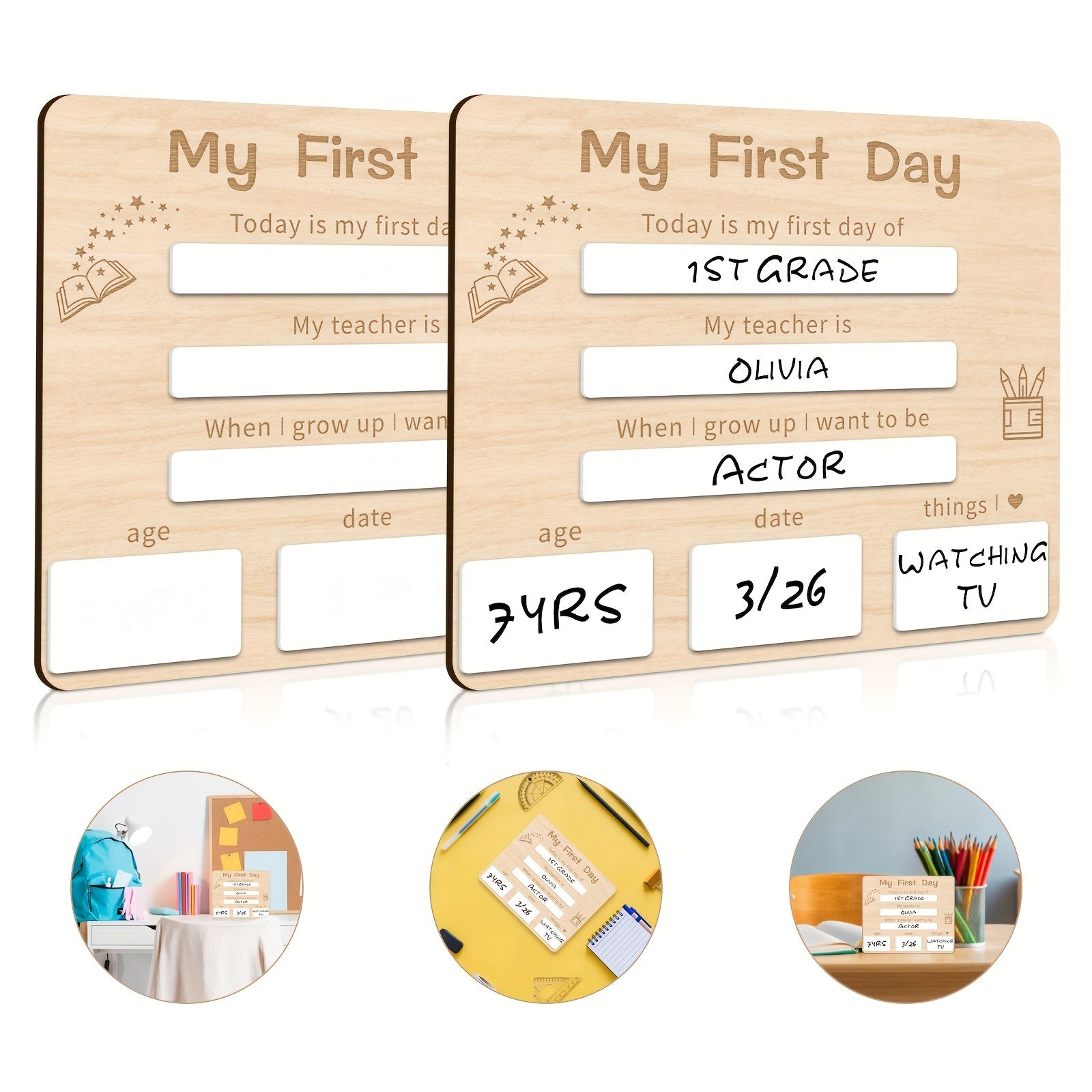 Maktabga qaytish xotiralari uchun yog'och mileston taxtasi, o'g'il va qizlar uchun oq rangda qayta ishlatiladigan fotosurat aksessuari.