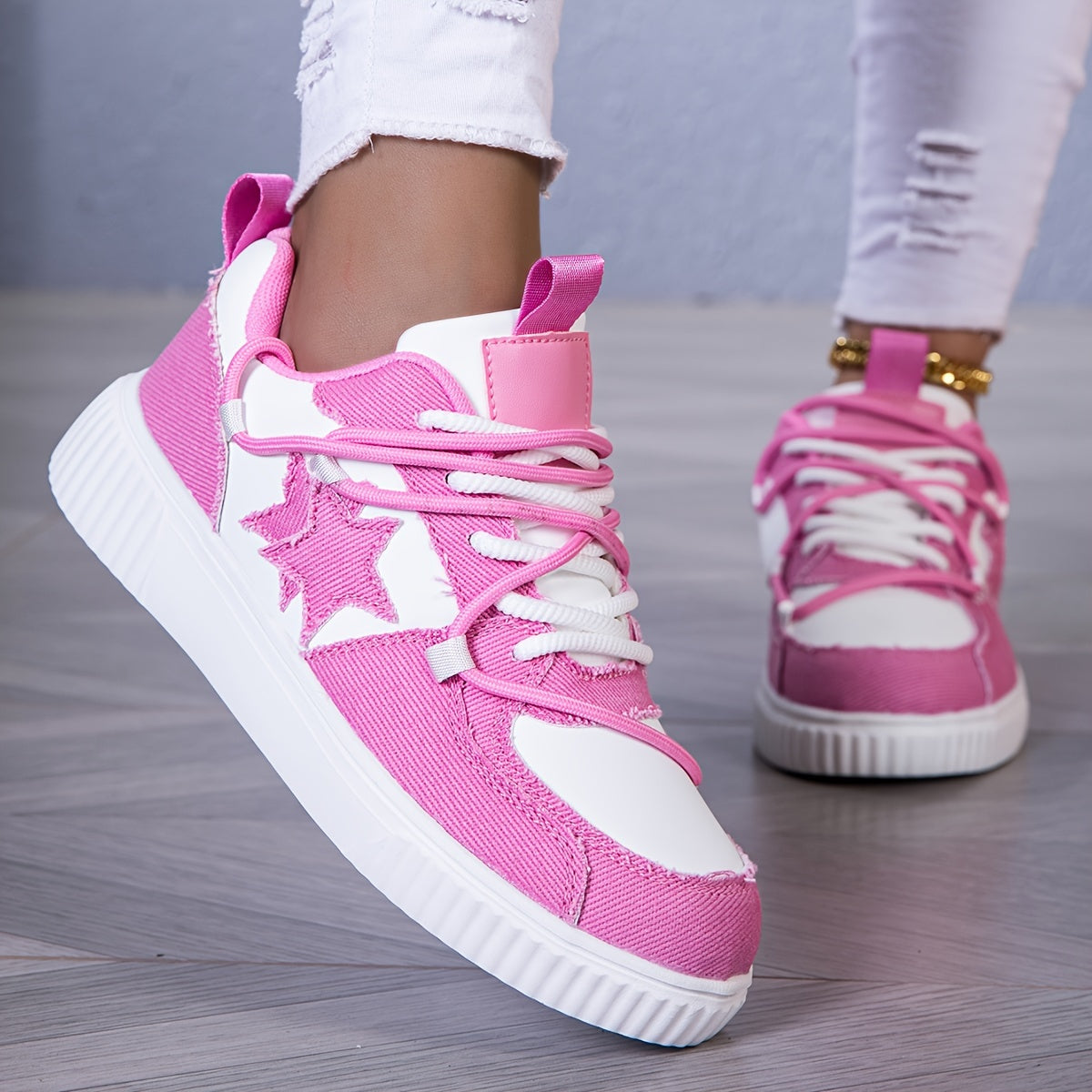 Women's Lace-Up Platform Sneakers for Casual Walking with Stars Print