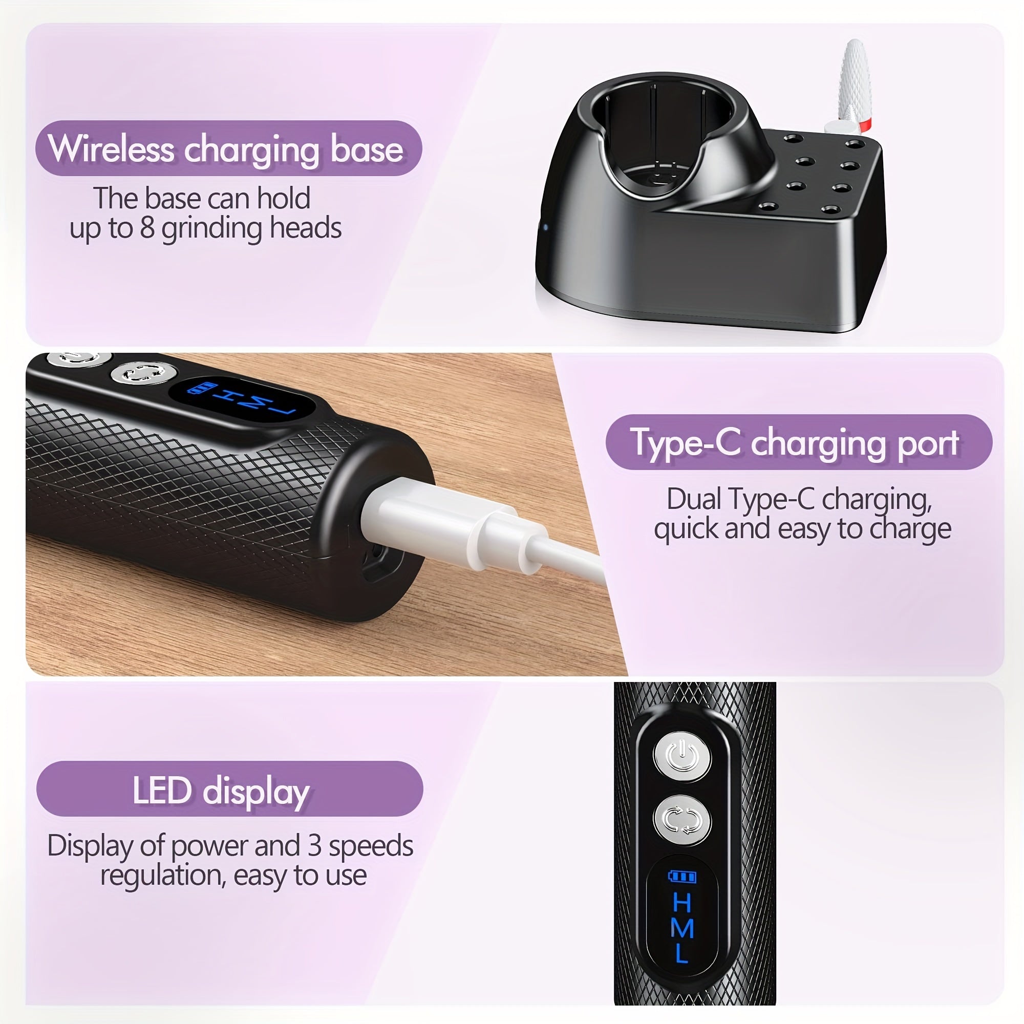 Cordless Electric Nail Drill Kit for Acrylic and Gel Nails with Multiple Grinding Heads for Professional and Home Use