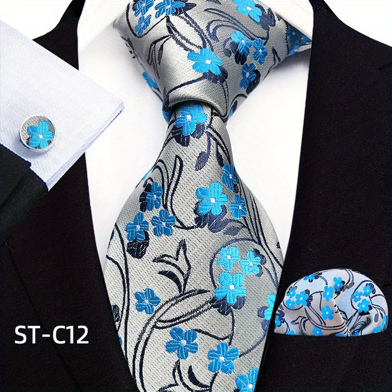 Men's Suit Set with Tie, Pocket Square and Cufflinks in Stripe and Paisley Design