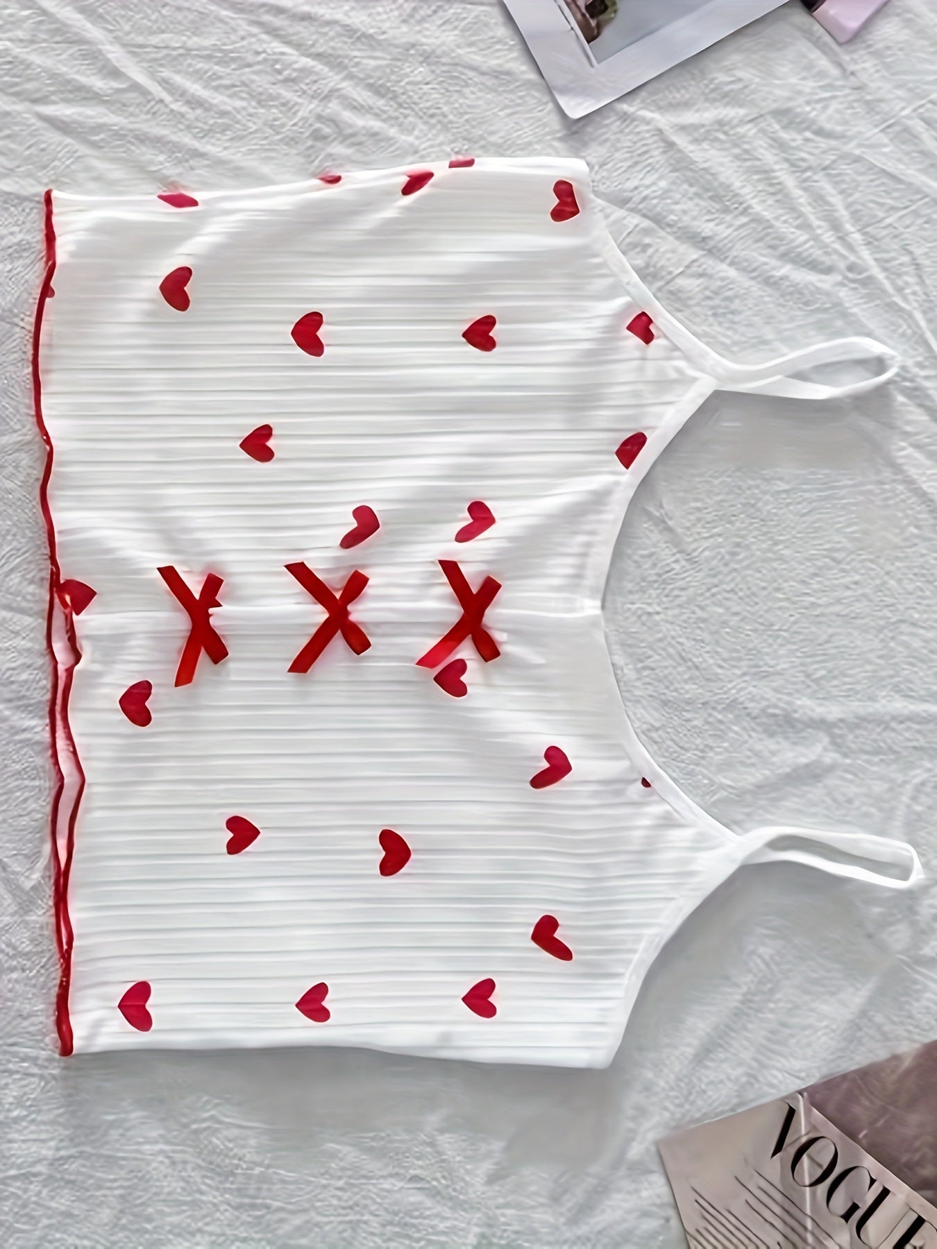 Heart Print Ribbed Pajama Set for Women Backless Crop Top Shorts Summer Nightwear