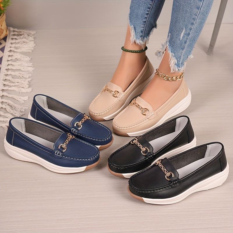 Women's Metal Buckle Loafers Flat Shoes Non Slip Casual Solid Color