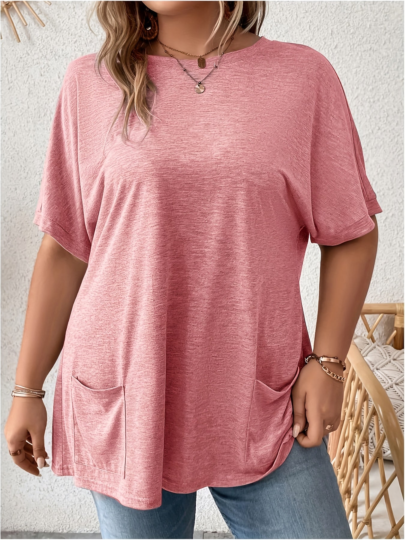 Plus Size Women's Batwing Sleeve T-Shirt with Pockets Black Summer Top