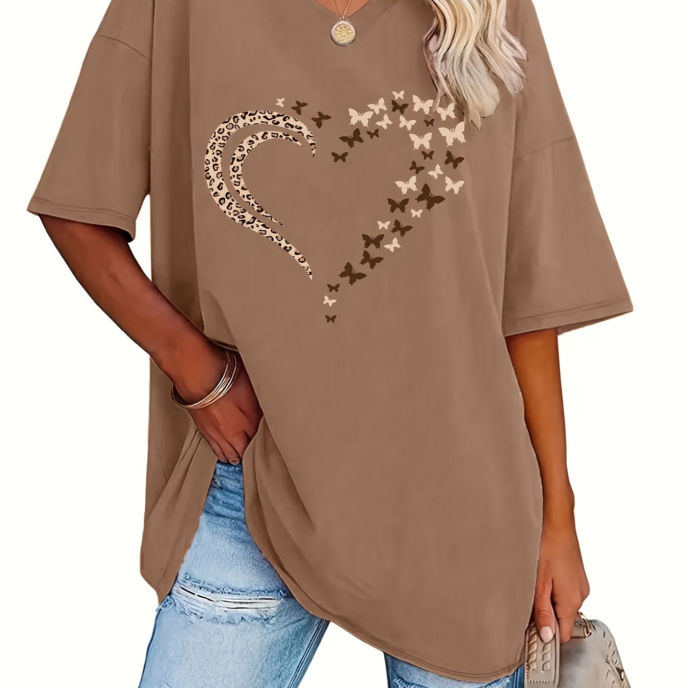 Women V-Neck Short Sleeve Loose T-Shirt Top for Spring Summer