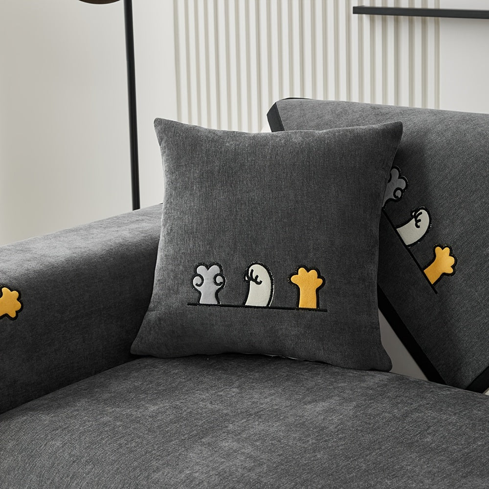 Красный чехол для дивана из шенилла с игривой вышивкой в виде косточек. Удобен для домашних животных, не скользит, можно стирать в машине, идеально подходит для диванов на 1-4 места в гостиной, спальне, офисе.