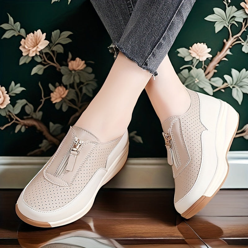 Women's Beige Perforated Casual Sneakers with Zipper, Thick Sole and Anti-Slip