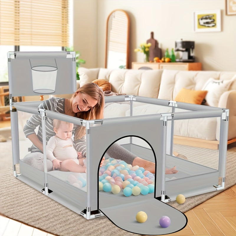 Baby Playpen with Basketball Hoop and Climbing Mat Square Shape for Indoor Child Play