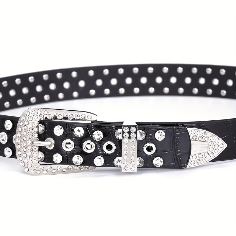 Hollow Out Rhinestone Belt for Women and Men Sparkling PU Leather Cowboy Waist Belt