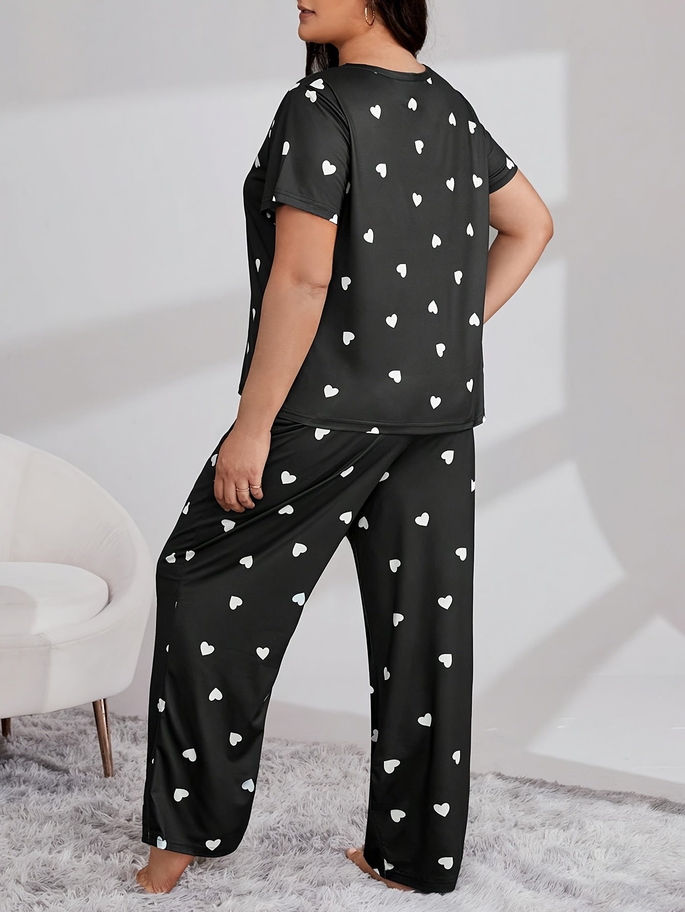 Женский комплект ночной одежды больших размеров с принтом "сердечная волна", короткий рукав, длинные штаны, пижама