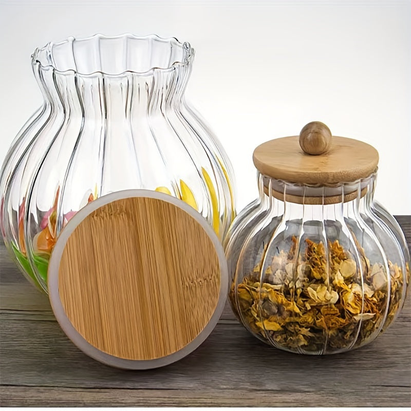 Glass Storage Jar With Bamboo Lid, Striped, for Tea Snacks and Seasonings