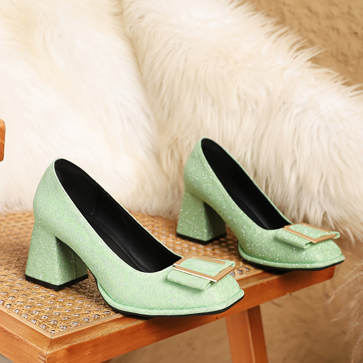 Women's Square Toe Mary Jane Pumps Glitter Block Heel Fabric White Gold