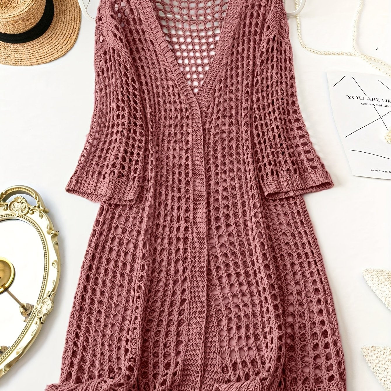 Women Plus Size V-Neck Cardigan Acrylic Hollow Knit Solid Spring Summer