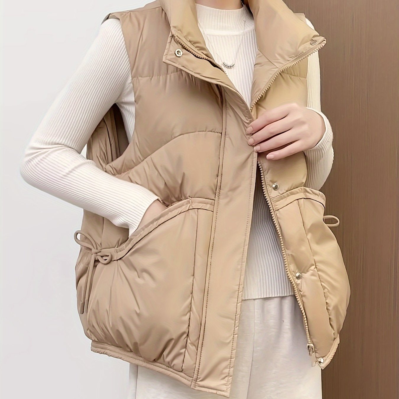 Women's Waterproof Sleeveless Puffer Vest in Solid Cream Polyester for Casual Wear