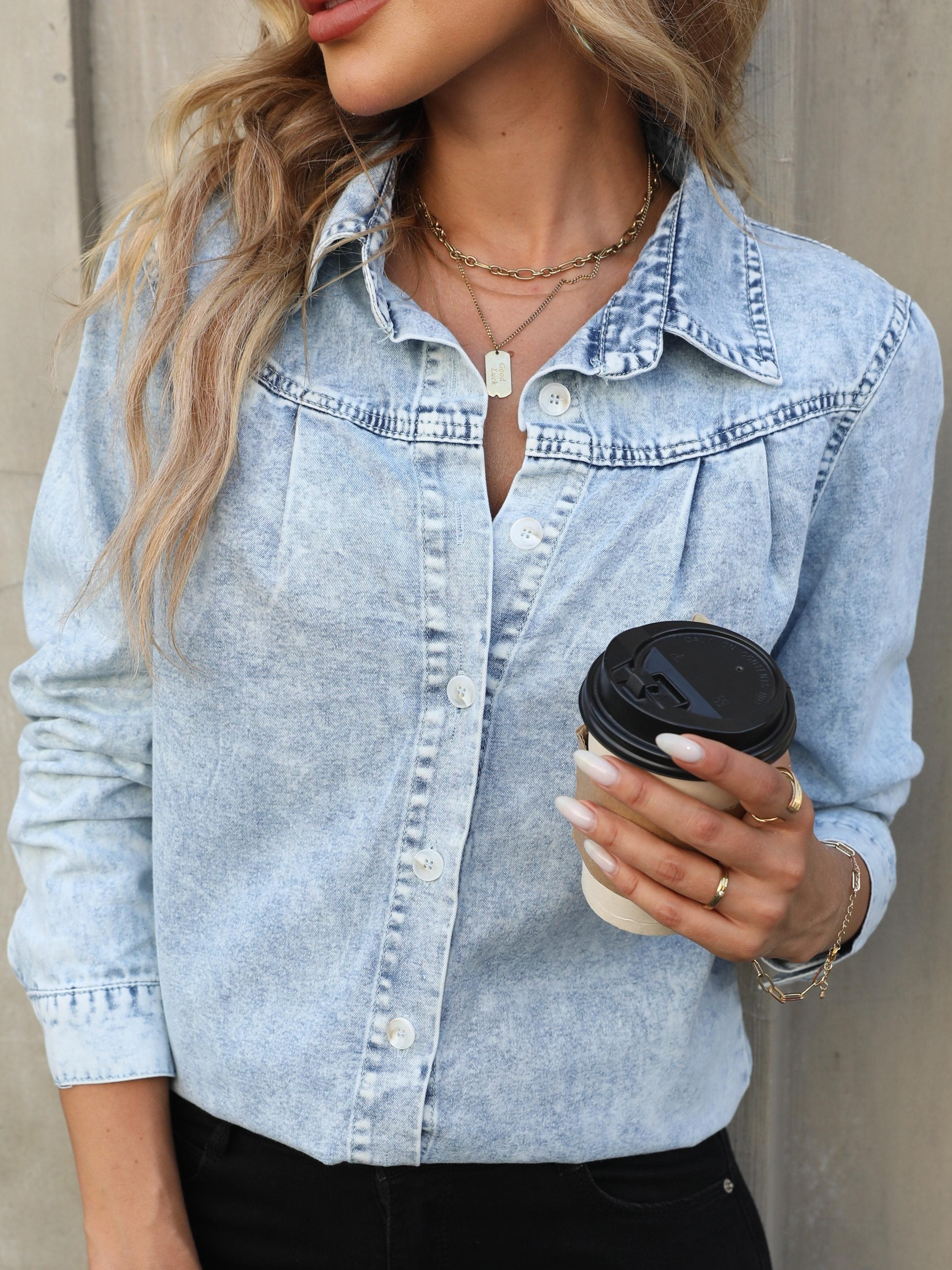Women's Denim Shirt Long Sleeve Solid Casual Spring Summer Regular Fit
