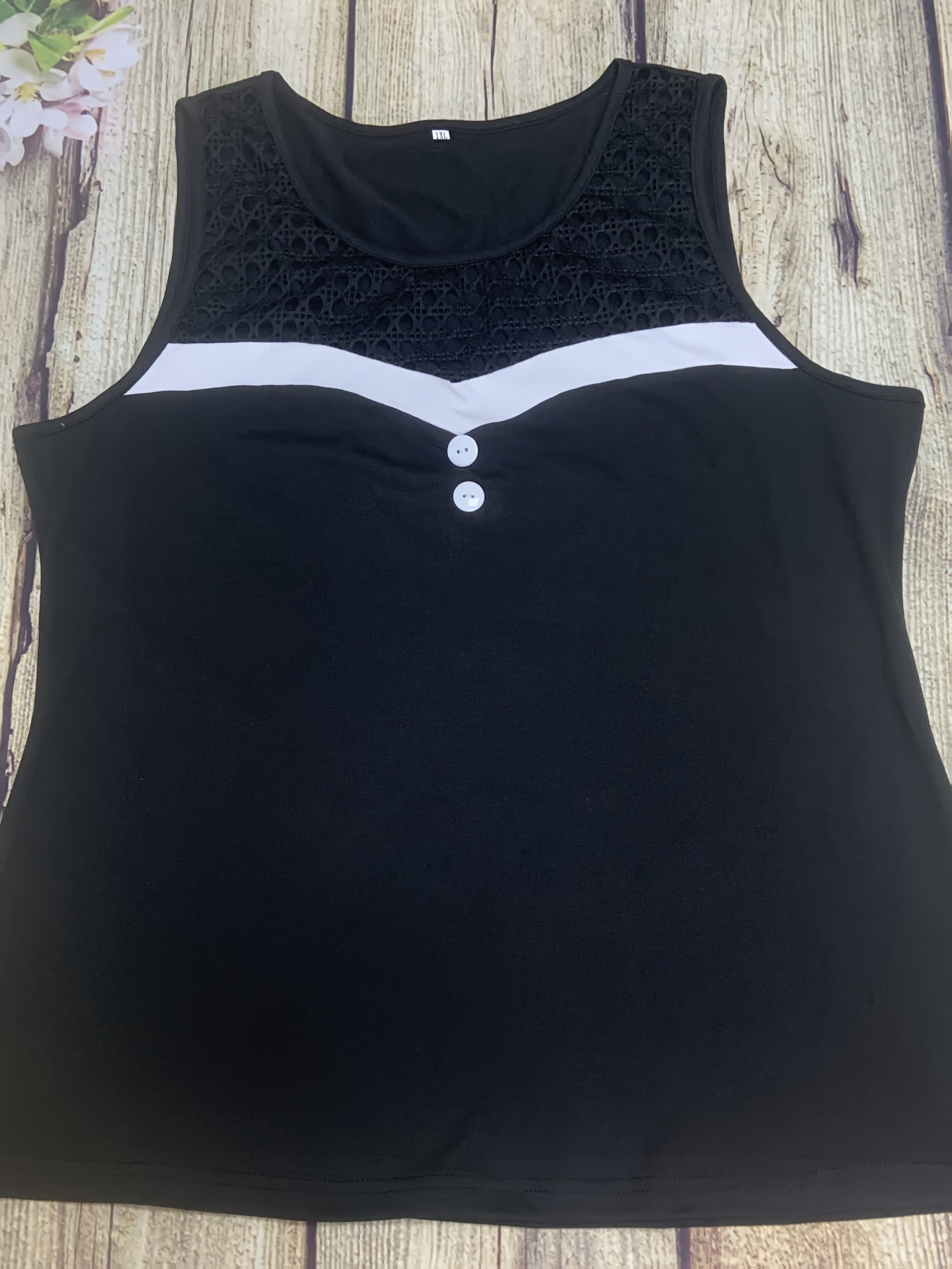 Plus Size Women's Lace Contrast Sleeveless Top Black White Striped Summer Casual Blouse