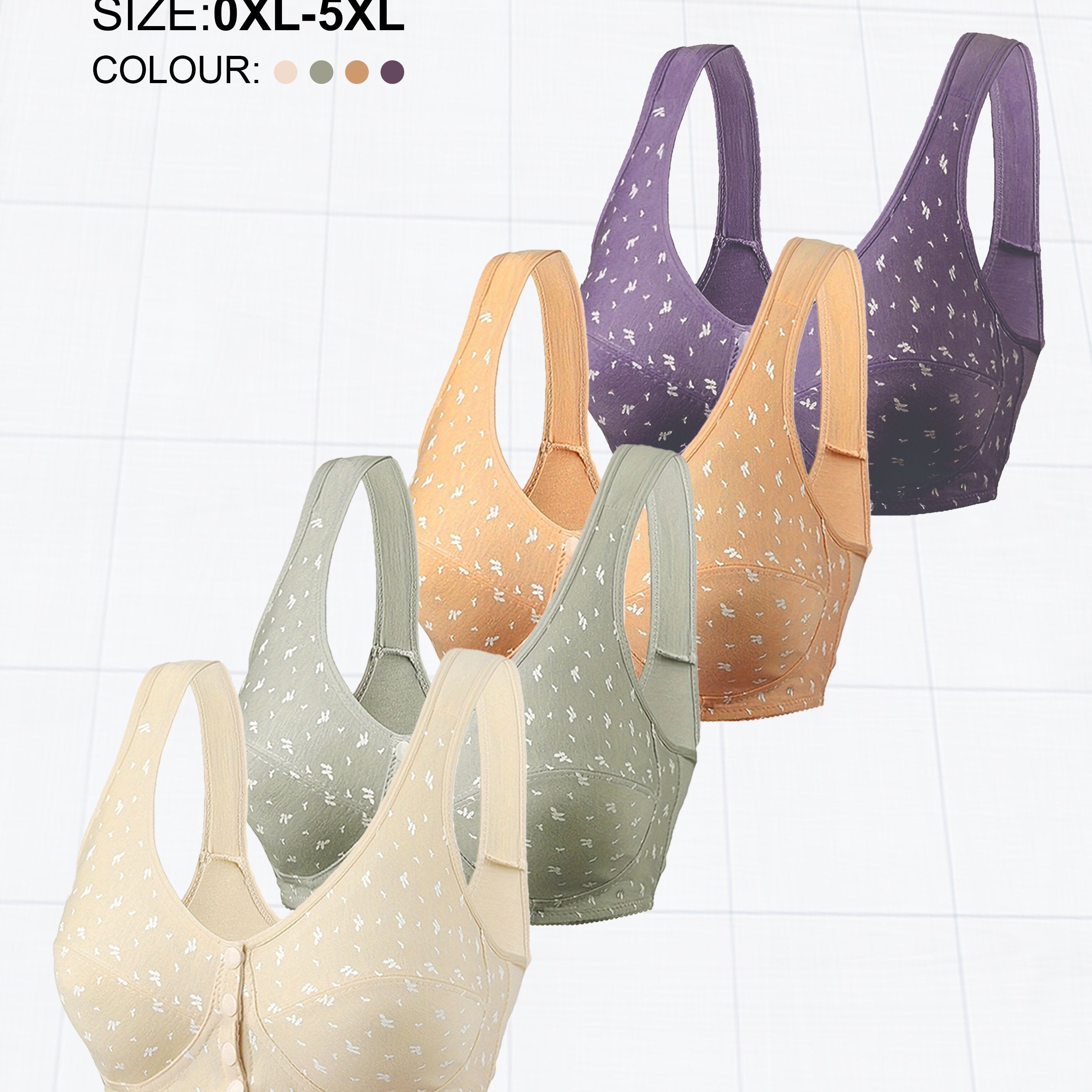 Women's Plus Size Wireless Bra Set with Buttons, Random Prints, Comfortable