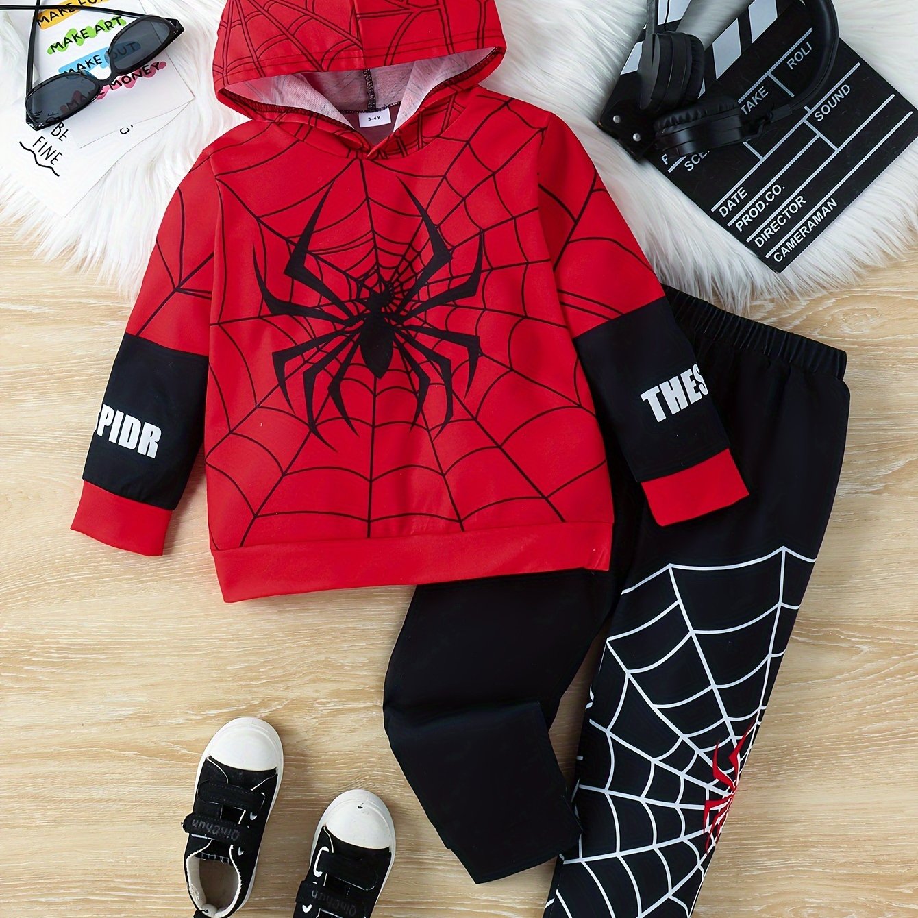 Boy's Spider Print Hooded Outfit Set Web Pattern Spring Fall 2pcs