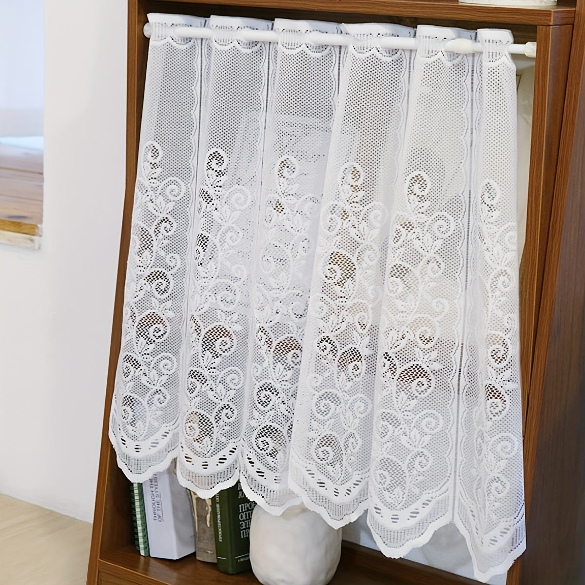 White Lace and Floral Mesh Cafe Curtain for Kitchen and Window Decor