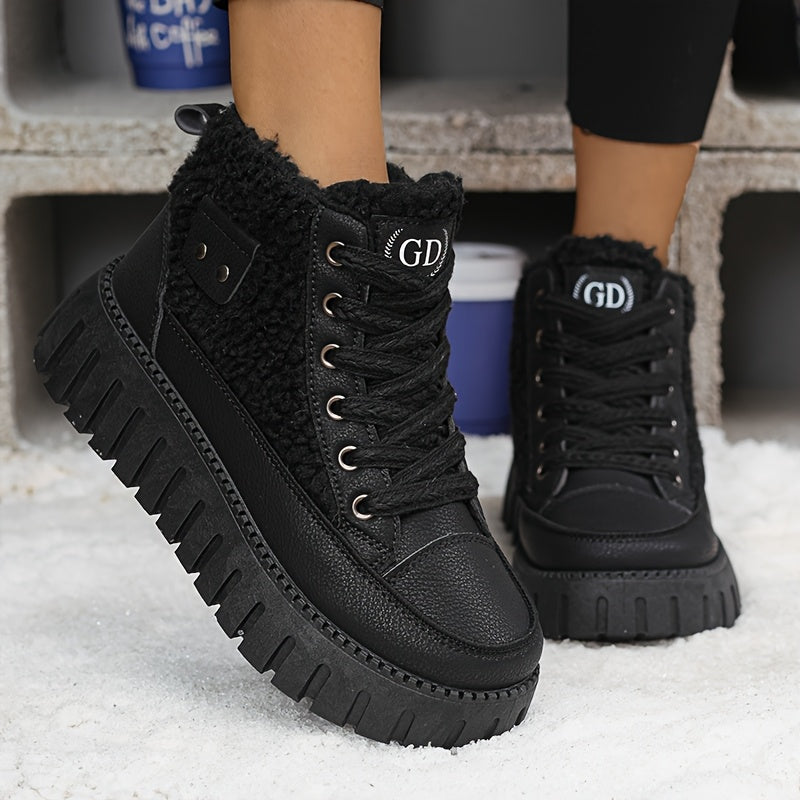 Women's Fleece-Lined Winter Boots Beige Rubber Sole Lace-Up Mid-Calf Snow Boots