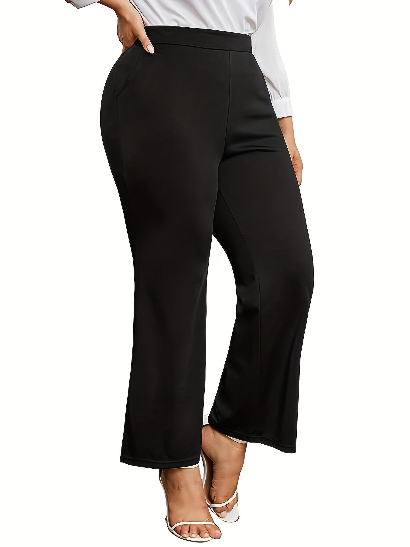 Pantalones acampanados elegantes de talla grande para mujer con bolsillos, tiro alto y elastico