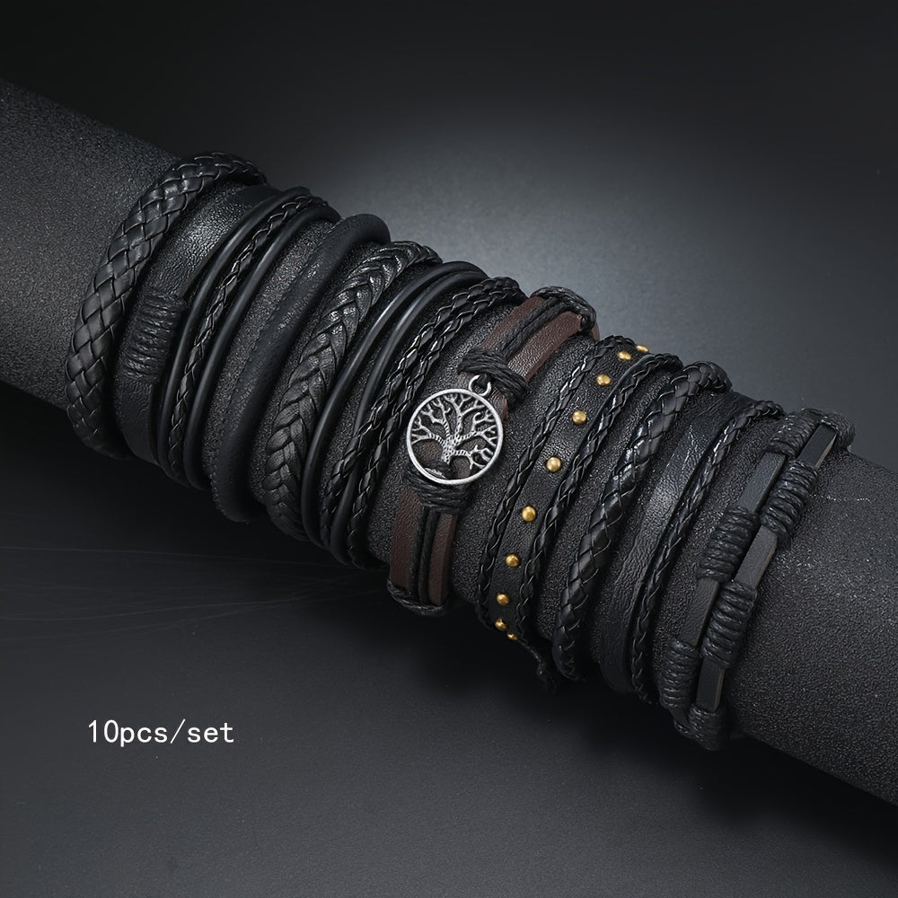 Set of 10 Multi-Layer Woven Bracelets with Peace Tree Design in Black PU Leather