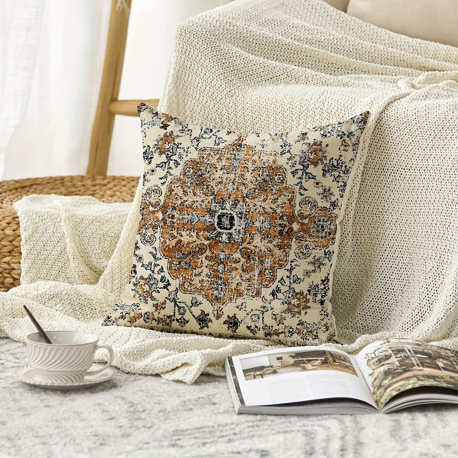 Набор из 2-х чехлов для подушек в богемном стиле, 45,72x45,72 см, высокопрочный лен с винтажными ковровыми узорами - машинная стирка, застежка на молнии, полиэстеровый микс для универсального домашнего декора