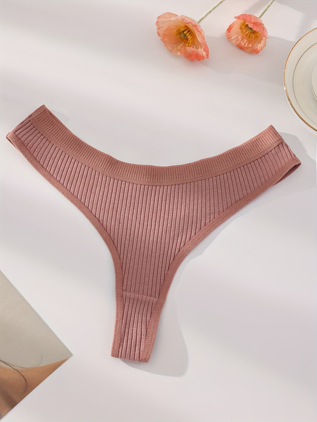 7-Pack Women's Ribbed Seamless Thongs V-Strings Comfortable Fit Solid Color