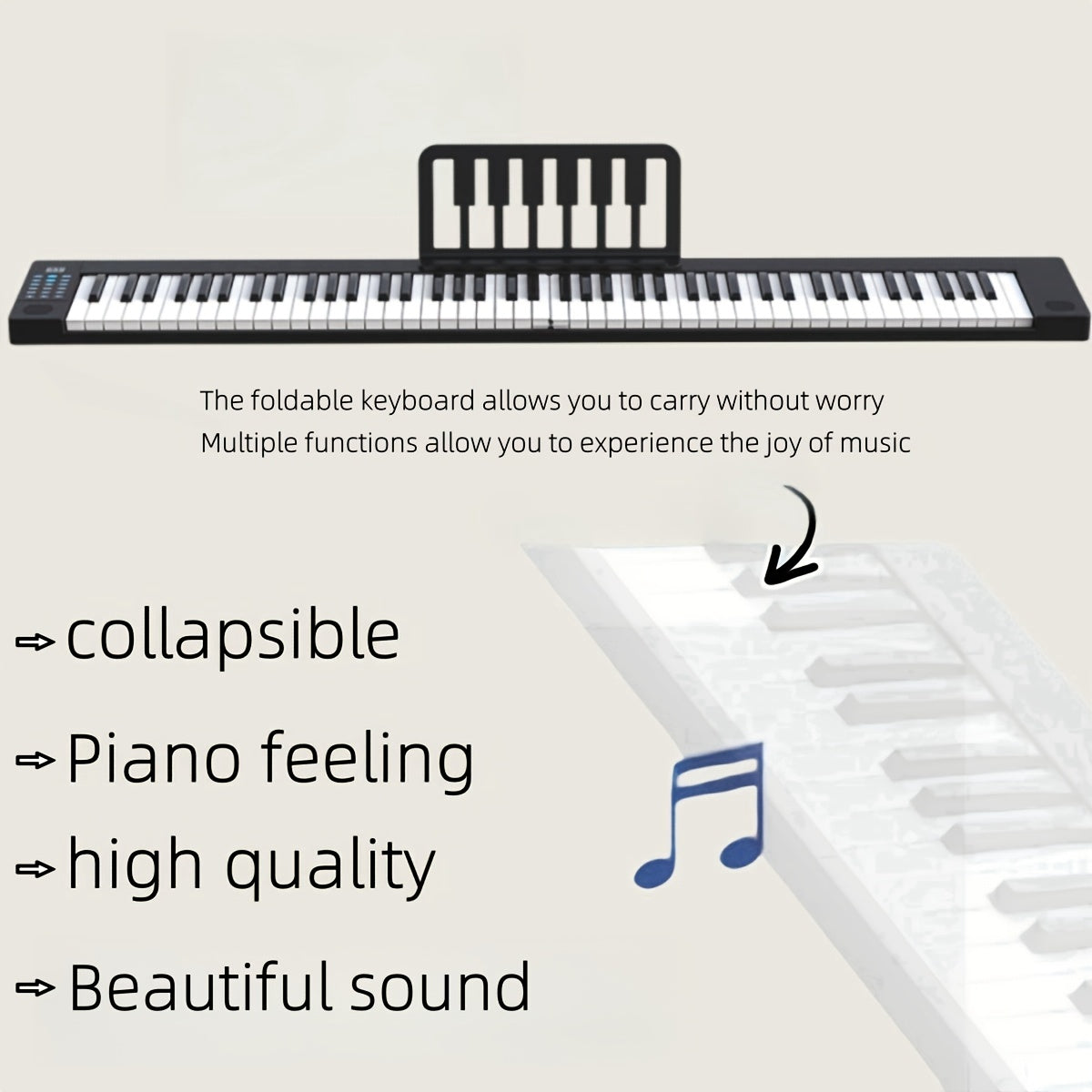 88 ta kalitli portativ elektron klaviatura, haqiqiy pianino ovozi bilan, 128 ta ritm, buklanuvchi dizayn, tashish qutisi bilan