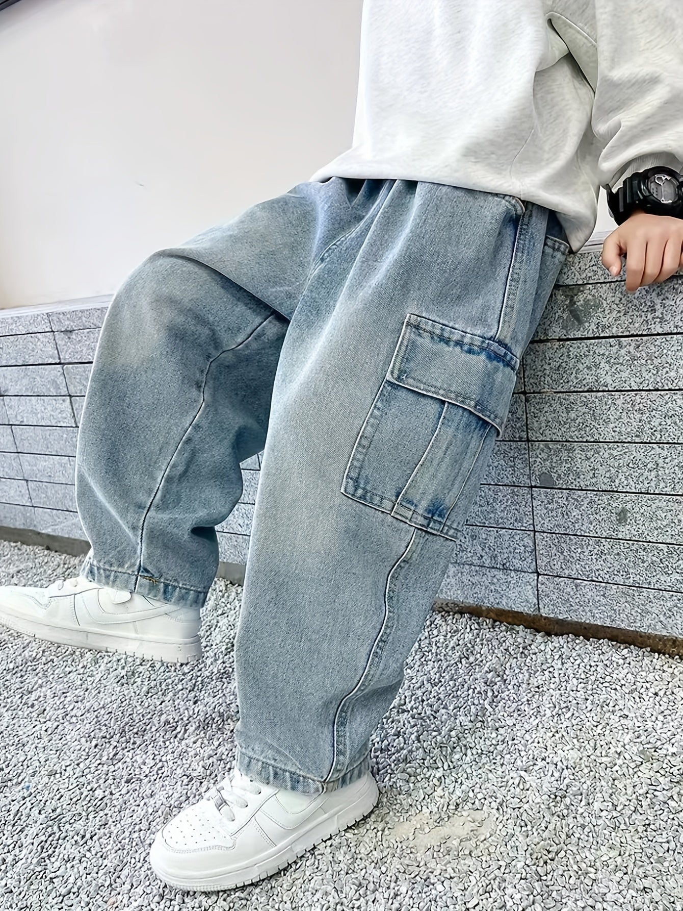 Boys' Denim Cargo Pants with Pockets Elastic Waist Loose Fit Casual Kids' Long Length
