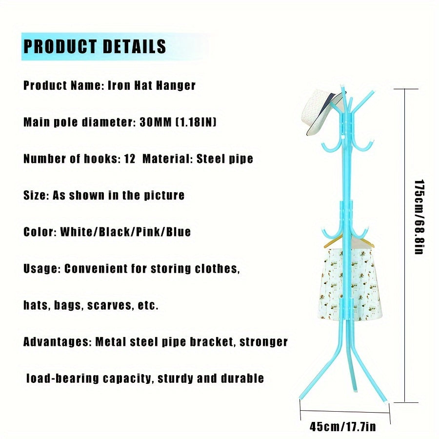 Black Metal Coat Rack with Tree-Style Design for Hanging Clothes and Hats