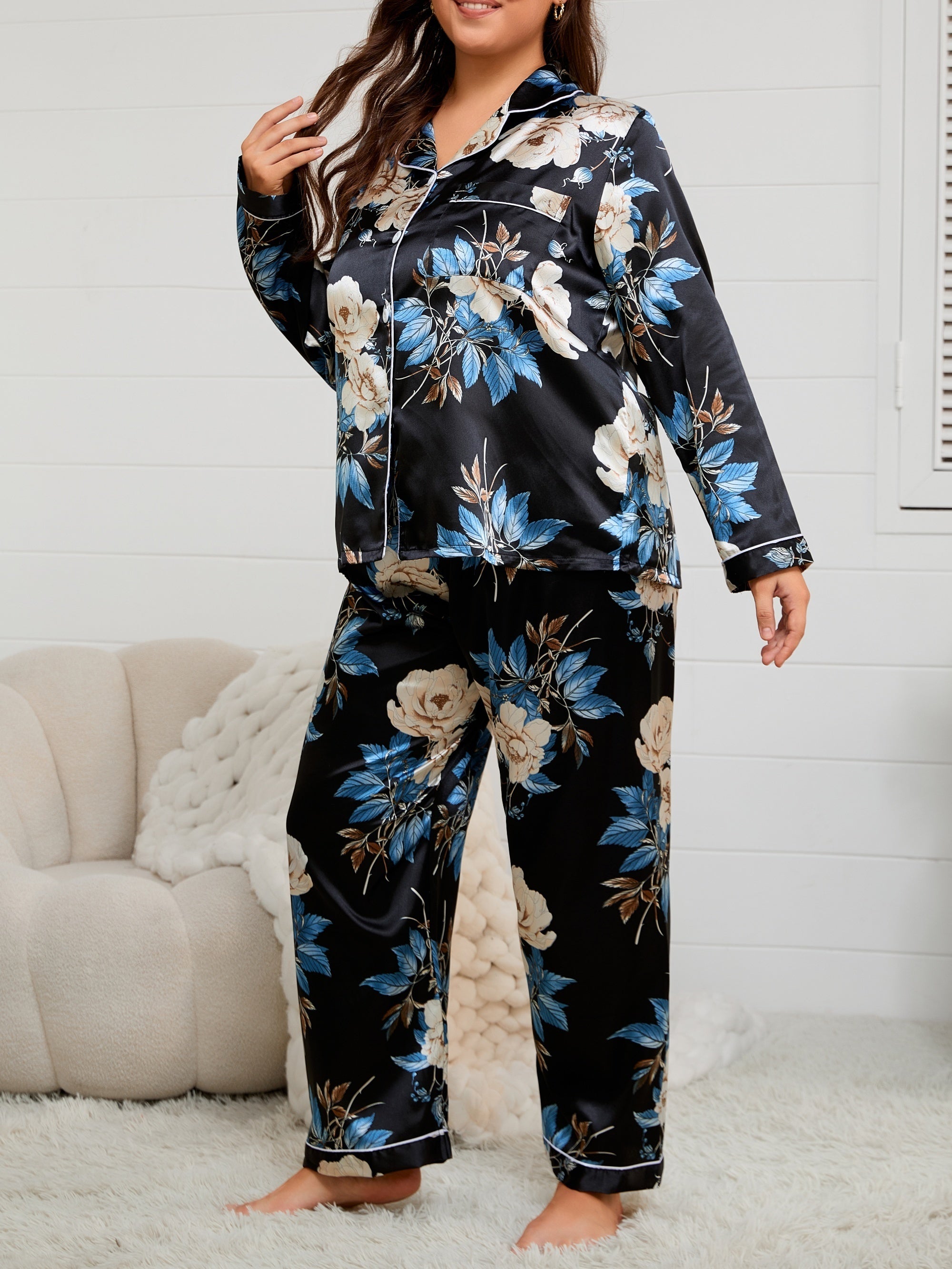 Ayollar uchun rang-barang uzun gullü kardigan pijama to'plami, katta o'lcham