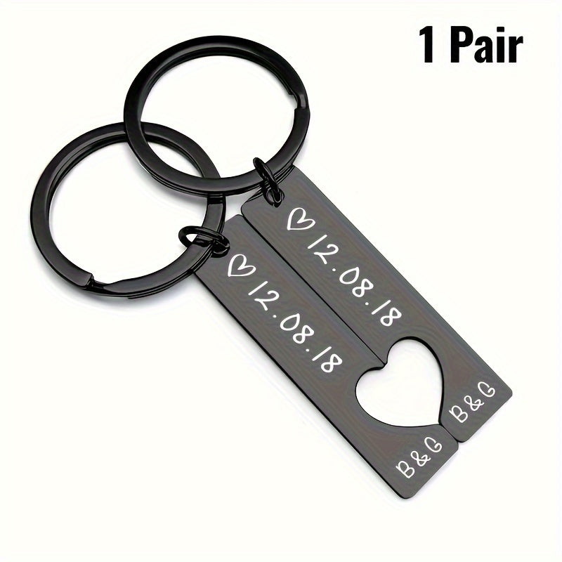 Personalized Stainless Steel Couple Keychains with Date for Anniversary or Birthday