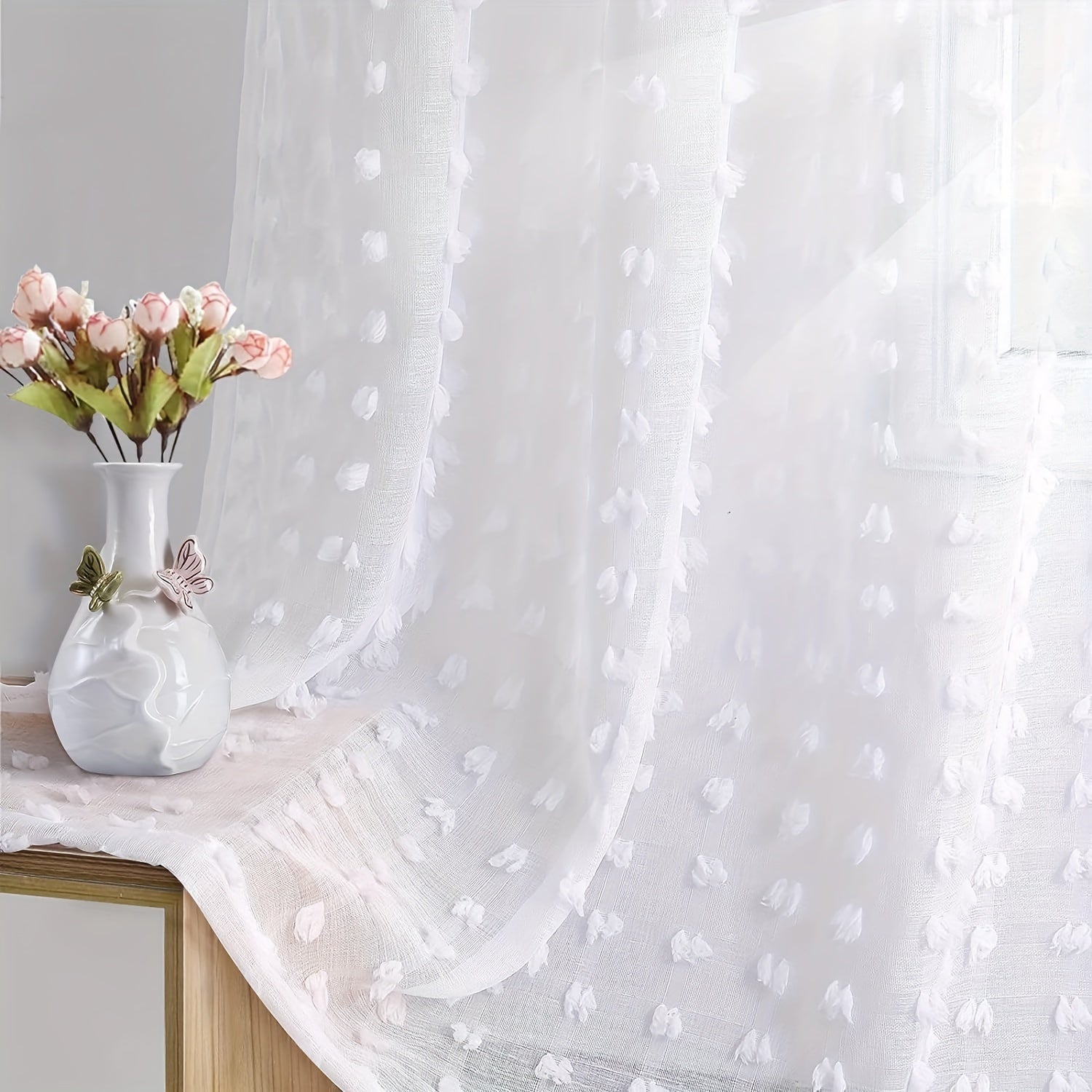 White Sheer Curtain with Grommet Top and Pom Pom Tufting 213cm for Bedroom Living Room Office