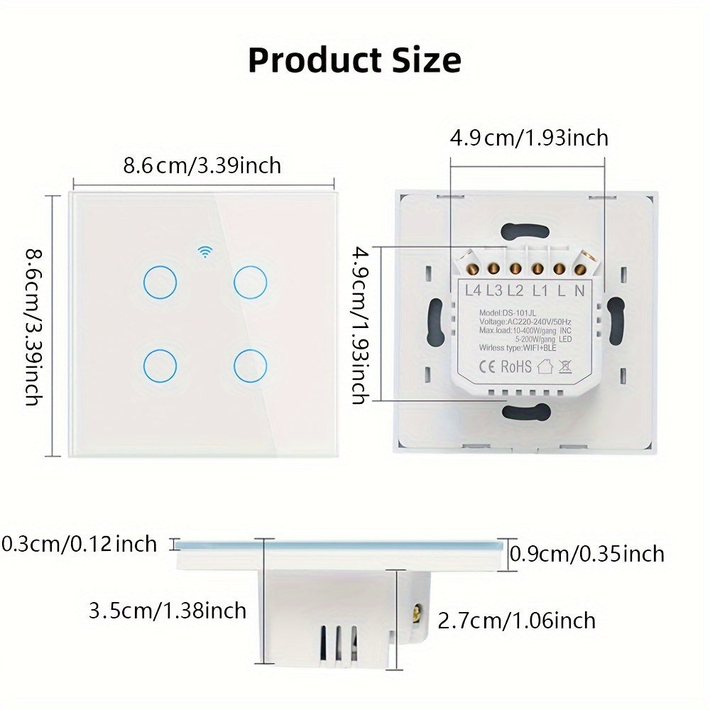 WiFi Smart Switch EU Plug No Neutral Wire Needed Voice Control Compatible with Alexa Google Home 1/2/3/4 Gang Tempered Glass Panel