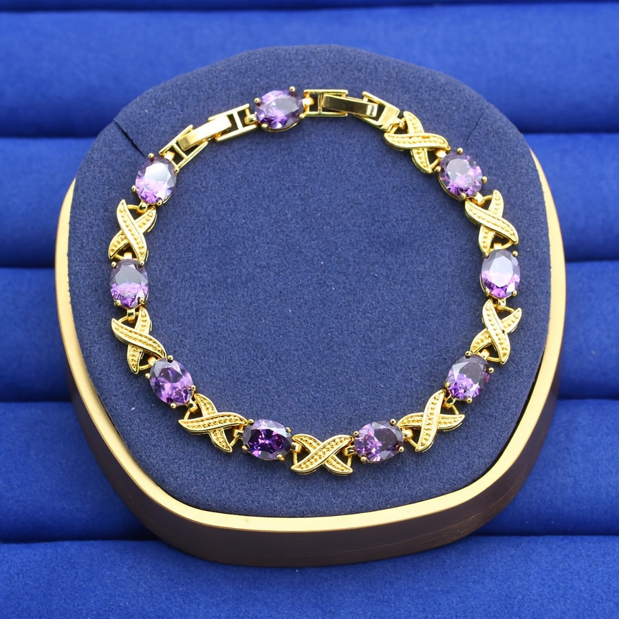 Purple Zirconia Jewelry Set for Women with Necklace Earrings Bracelet and Ring