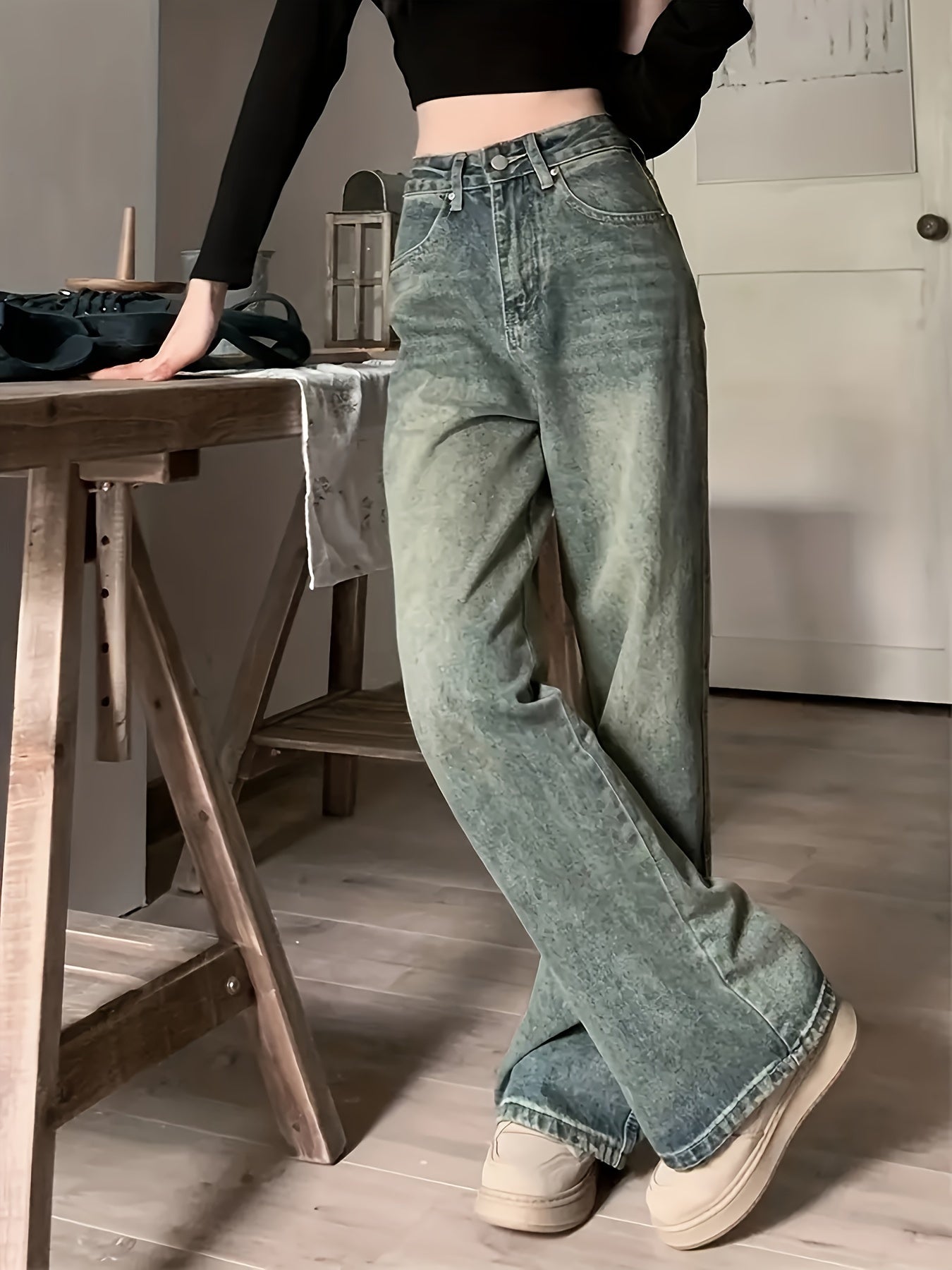 Women's Wide Leg Jeans with Slant Pockets Vintage Denim Pants Casual Streetwear